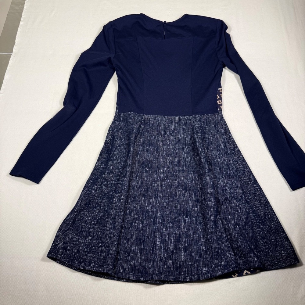 BCBGMAXAZRIA Mini Dress XS Navy Blue Mixed Media Patchwork Long Sleeve - Picture 3 of 16